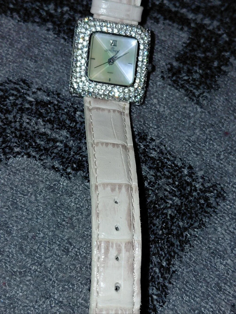 Haurex Italy Crystal Pavé Mother of Pearl Square Watch White Leather Y2K Glam CC